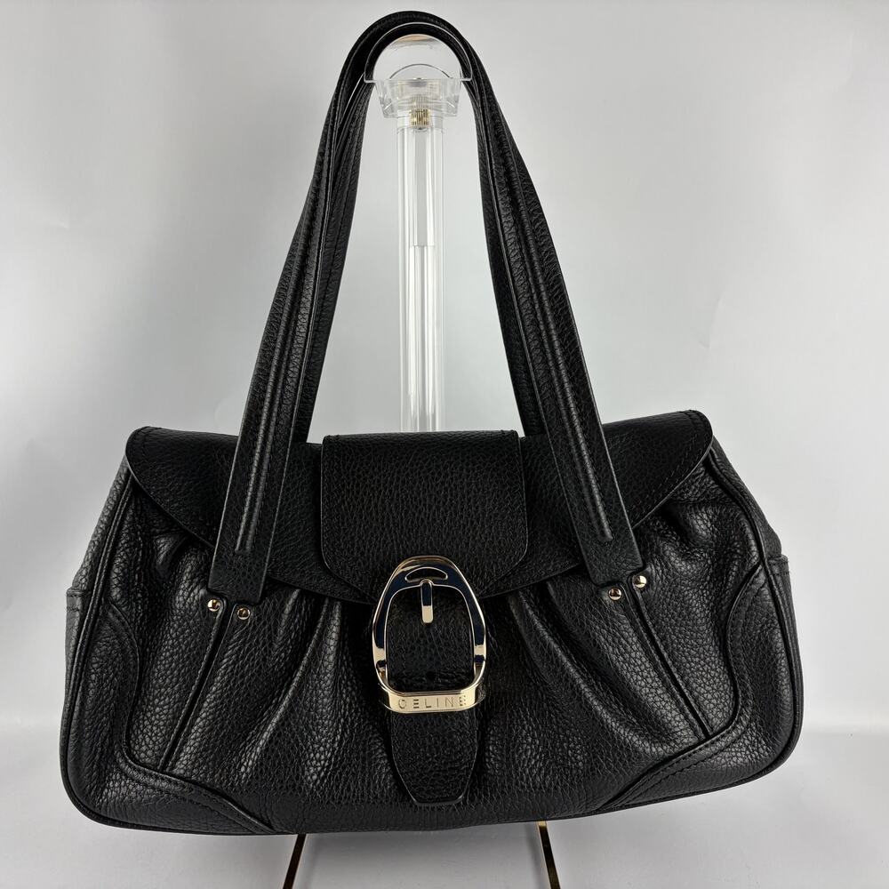 Celine Chouquette Black Pebbled Leather Stirrup Buckle Shoulder Bag